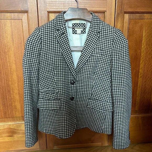 J Crew Houndstooth Schoolboy Blazer Black White Two Button Wool Blend Women’s 6 - Picture 1 of 8